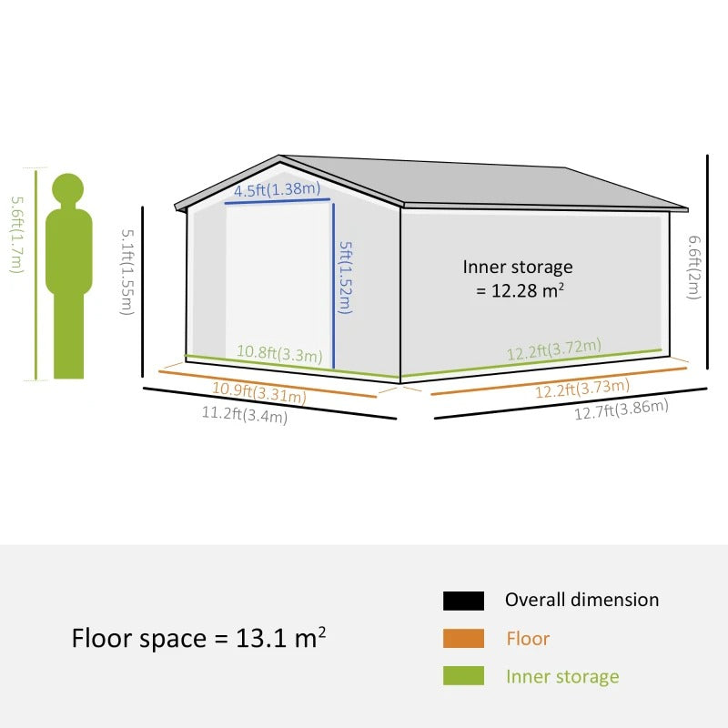 11.2 x 12.6 x 6.5’ Large Galv Steel Outdoor Storage Tool Work Shed Garden Backyard, Gold Brown