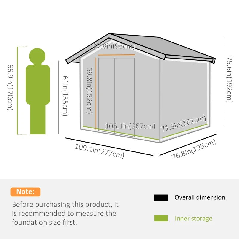 9’ x 6’ x 6’ Outdoor Metal Storage Shed Organizer w/ Foundation for Patio Backyard - Light Grey