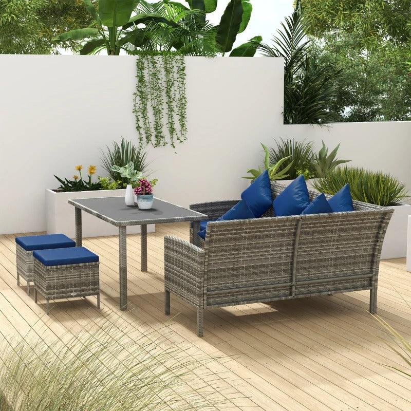 5pc L Shape PE Rattan Wicker Galv Steel Dining Table Set w Cushions Patio Deck, Grey, Navy Blue