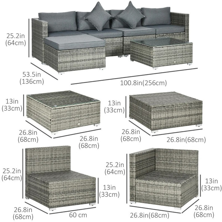 6pc PE Rattan Wicker Conversation Sectional Outdoor Sofa Patio Garden Set w Cushions, Mix Grey