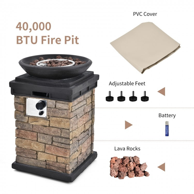 40,000 BTU Propane Fire Pit Bowl Column Heater w Cover for Outdoor Garden Patio, Brown Stone Design