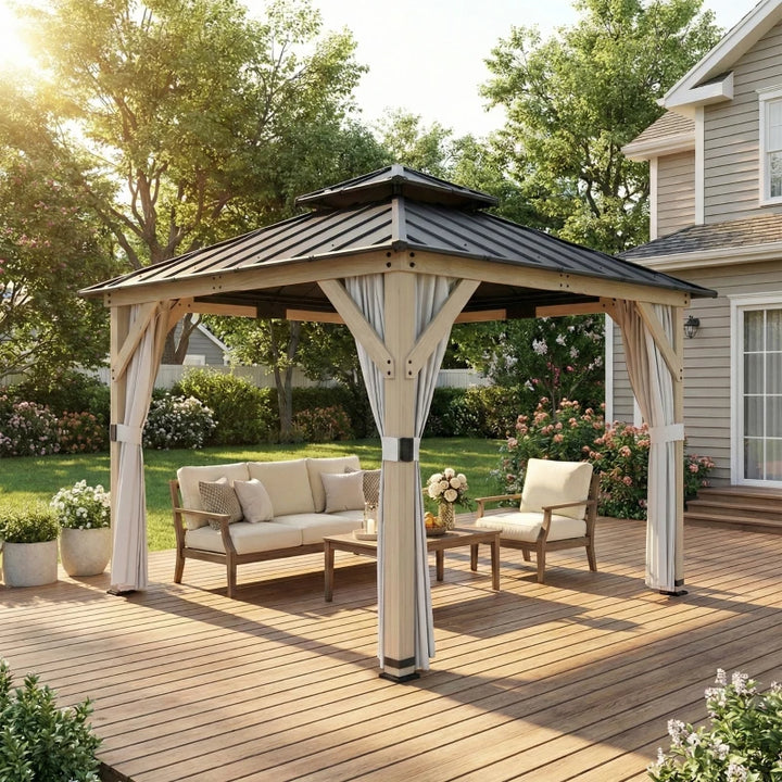 10' x 10' Outdoor Hardtop Gazebo with Double Steel Roof and Curtains - Durable Weather-Resistant Patio Shelter