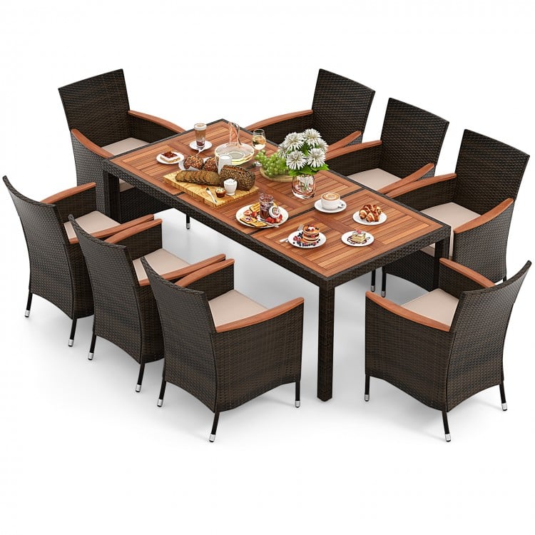 9pc PE Rattan Wicker Dining Set w 8 Armchairs, Acacia Wood Top, Umbrella Hole, Outdoor Patio, Brown