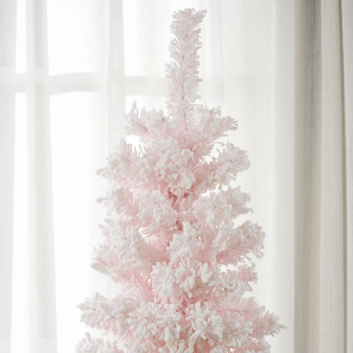 7.5ft 738-Tip Unlit Snow Flocked Slim Artificial Pencil Christmas Holiday Fake Xmas Tree, Pink