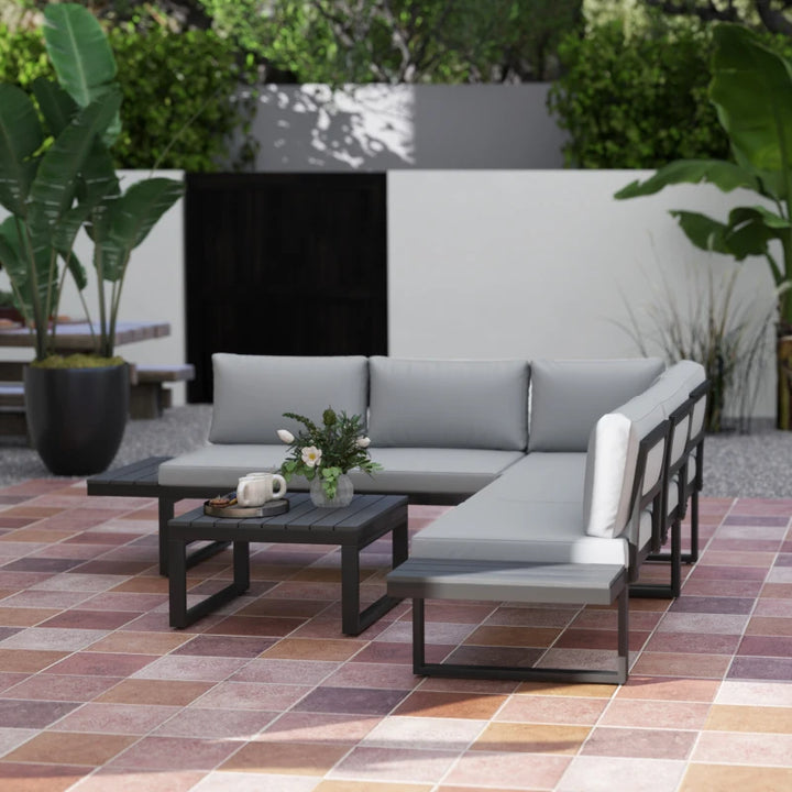 4 Pieces Outdoor Patio Furniture Set - Reclining Garden Corner Sofa with Coffee Table