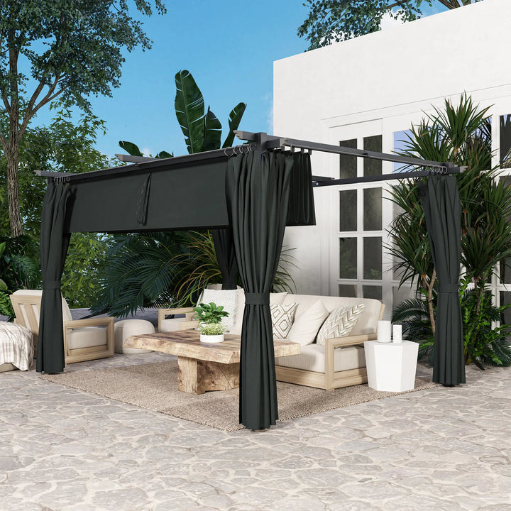 13' x 10' Aluminum Metal Pergola Gazebo Patio Shelter w Retractable Canopy Roof, Curtains, Dk Grey