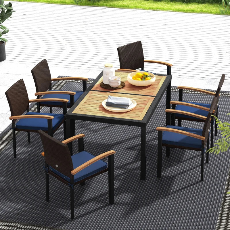 7pc, 6-Seat Patio Dining Set w Acacia Wood Tabletop, Rattan Arm Chairs, Cushions Outdoor, Black