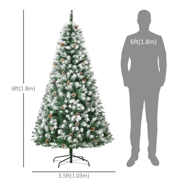 NEW 6ft 800-Tip Unlit Snow Flocked Full Artificial Christmas Holiday Xmas Tree w Pinecones, Green