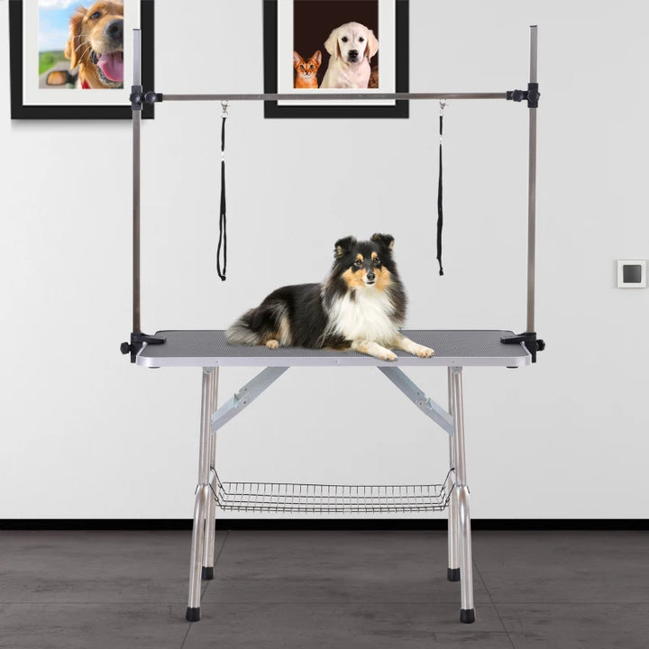 42" x 24" x 67" Portable Folding Dog Grooming Table w 2 Arms, Adjustable, Rubber Top, Black