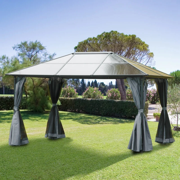 13’ x 10' Aluminum Metal PC Hardtop Gazebo Shelter Canopy w/ Curtains, Mesh Walls - Black, Grey