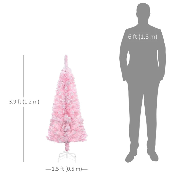 4ft 180-Tip Snow Flocked Slim Pencil Artificial Christmas Holiday Tree w Base Xmas Decor, Pink