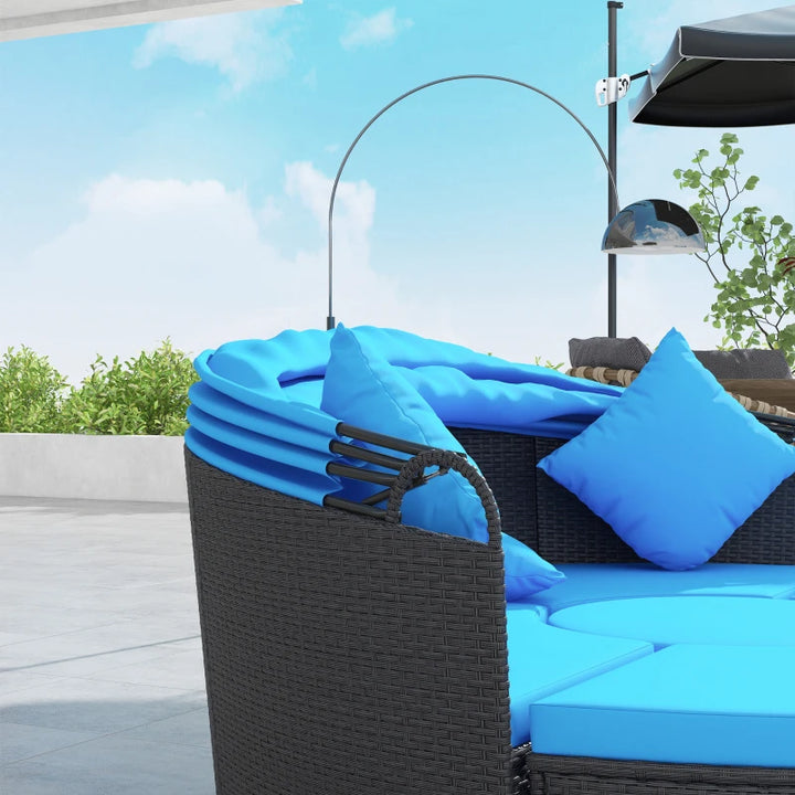 4pc PE Rattan Wicker Round Canopy Daybed Lounge Patio Sectional Sofa w Cushions, Blue, Black