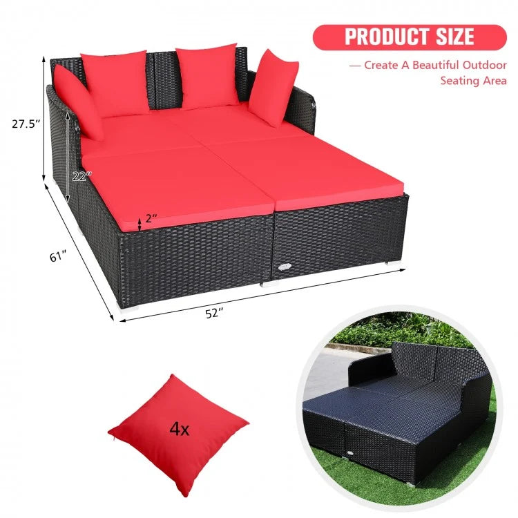 Double Rattan Wicker Daybed Sun Lounger Sofa Chaise w Cushions for Outdoor Patio, Red, Black