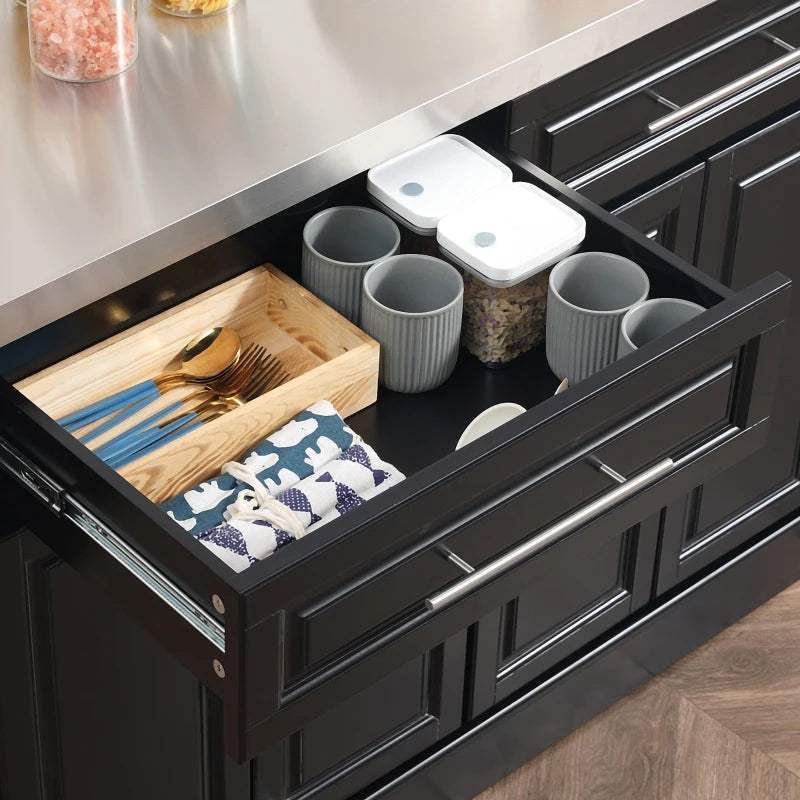 Large Rolling Kitchen Island Storage Cart Cabinet Dining Sideboard w Stainless Steel Top, Black