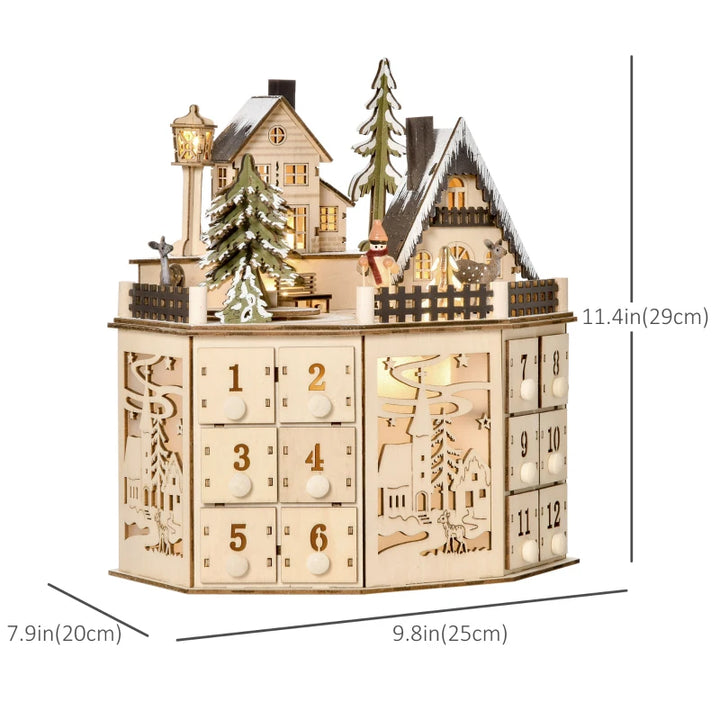 Light-Up Wooden Christmas Advent Countdown Decoration w 24 Drawers Holiday Xmas, Winter Village