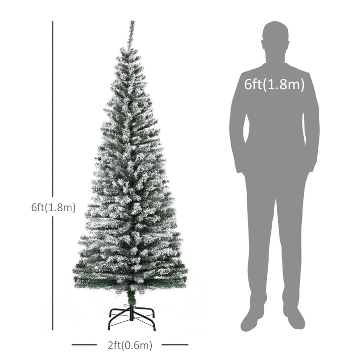 NEW 6ft 492-Tip Unlit Snow Flocked Slim Artificial Pencil Christmas Holiday Fake Xmas Tree, Green