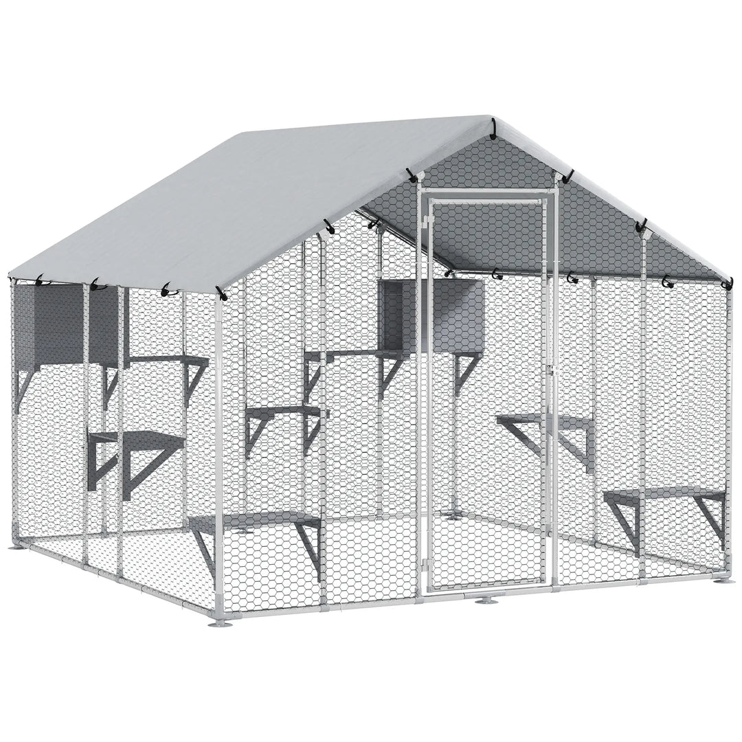 Large Catio Fence Enclosure Outdoor Shelter w Waterproof Roof Shade for Cats, Chickens, Rabbits