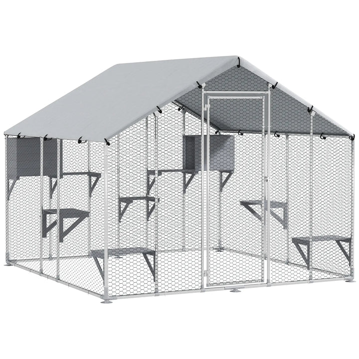Large Catio Fence Enclosure Outdoor Shelter w Waterproof Roof Shade for Cats, Chickens, Rabbits
