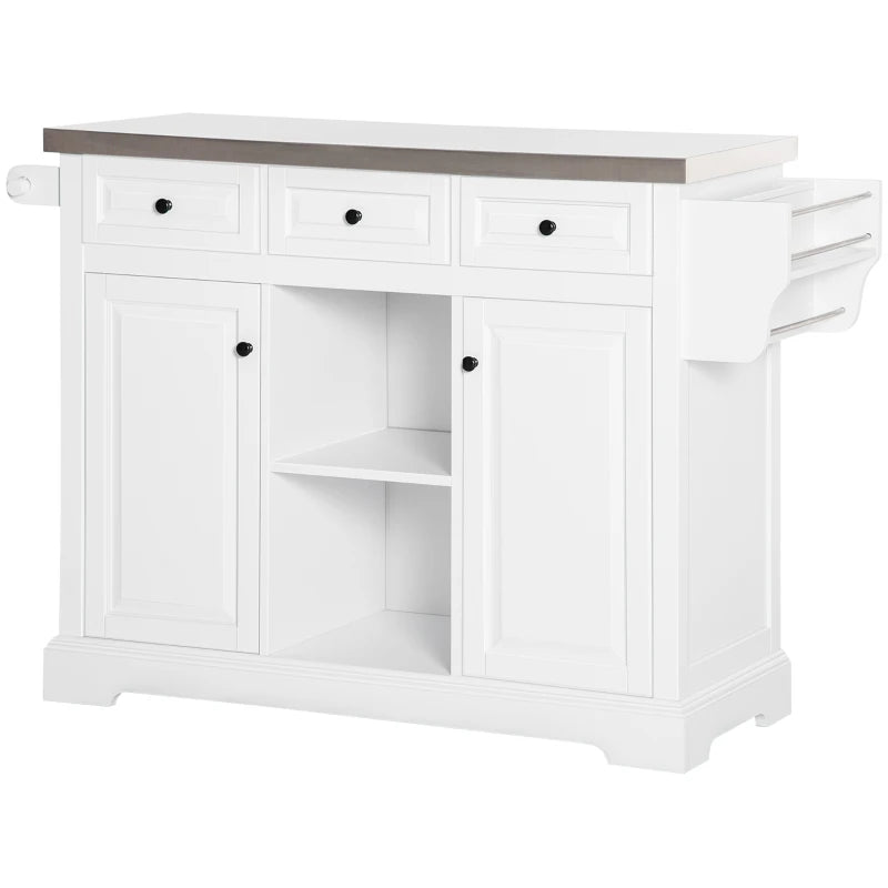 Large Rolling Kitchen Island Storage Cart Cabinet Sideboard, Stainless Steel Top, Wheels, White