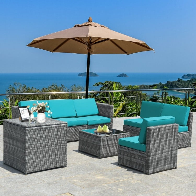 8pc L-Shape Rattan Wicker Sectional w Storage, Cover, Outdoor Patio Furniture, Grey, Turquoise