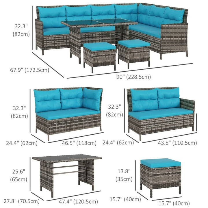 6pc L-Shape PE Rattan Wicker Outdoor Dining Patio Furniture Set w Cushion, Mixed Grey, Sky Blue