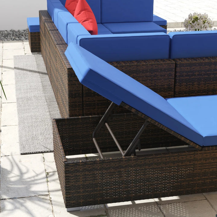 9pc Premium PE Rattan Wicker Sectional Conversation Outdoor Patio Set w 2 Loungers, Brown, Blue