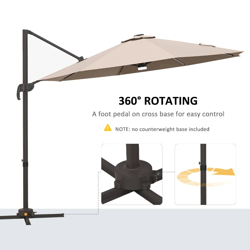 10ft Offset LED Tilt Umbrella Cantilever Canopy Outdoor Patio, Solar Light, Cross Base, Beige