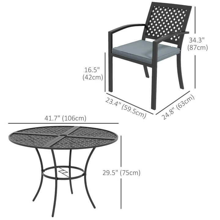 5pc Steel Round Dining Table Outdoor Patio Set w 4 Stacking Armchairs, Cushions - Black, Grey