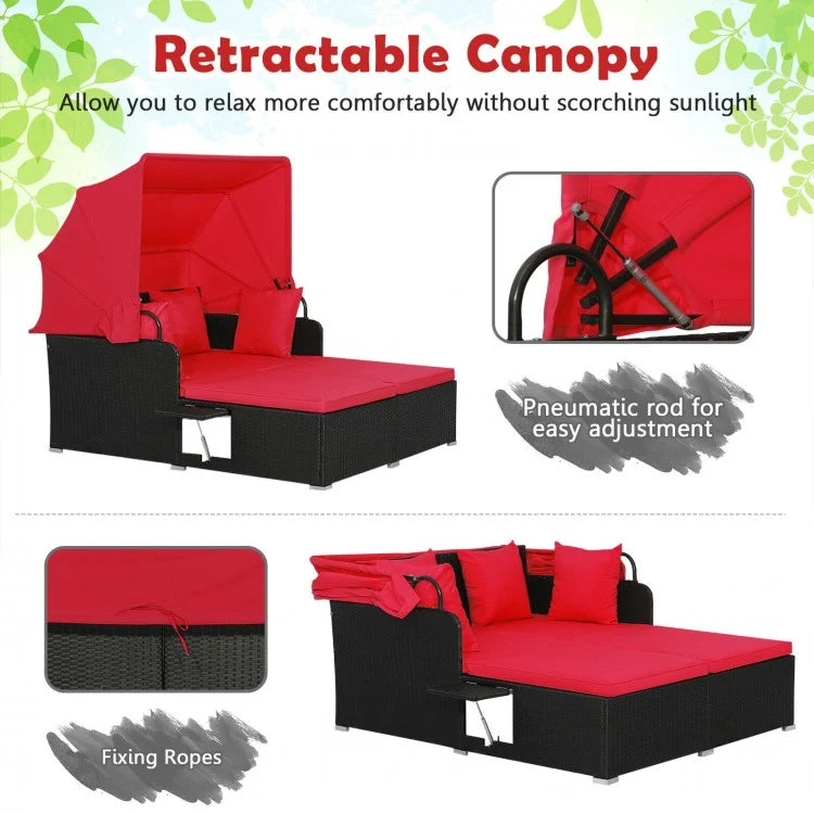 2-Person Rattan Wicker Canopy Daybed Lounge Chaise for Outdoor Patio, Cushions, Black, Red