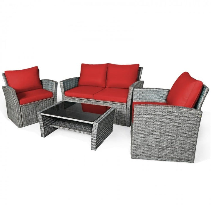 4pc PE Rattan Wicker Furniture Set w Loveseat, Armchairs, Cushions for Outdoor Patio, Grey, Red