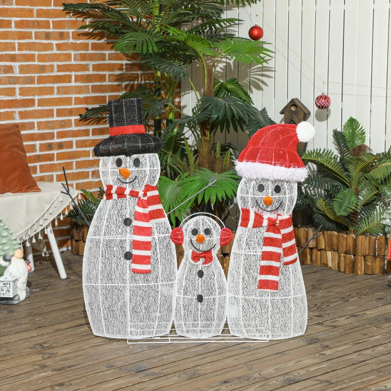 3ft Cute Outdoor Holiday Christmas Light-Up Lawn Decoration Steel, 148 Lights, 3 Snowman Family