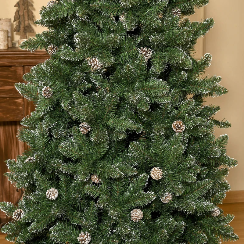 7.5ft 1119-Tip Unlit Slim Artificial Christmas Holiday Tree w Pine Cones, Snowy Tips Xmas Green