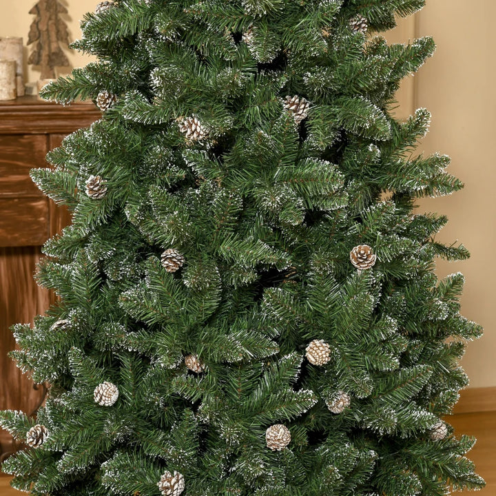 7.5ft 1119-Tip Unlit Slim Artificial Christmas Holiday Tree w Pine Cones, Snowy Tips Xmas Green