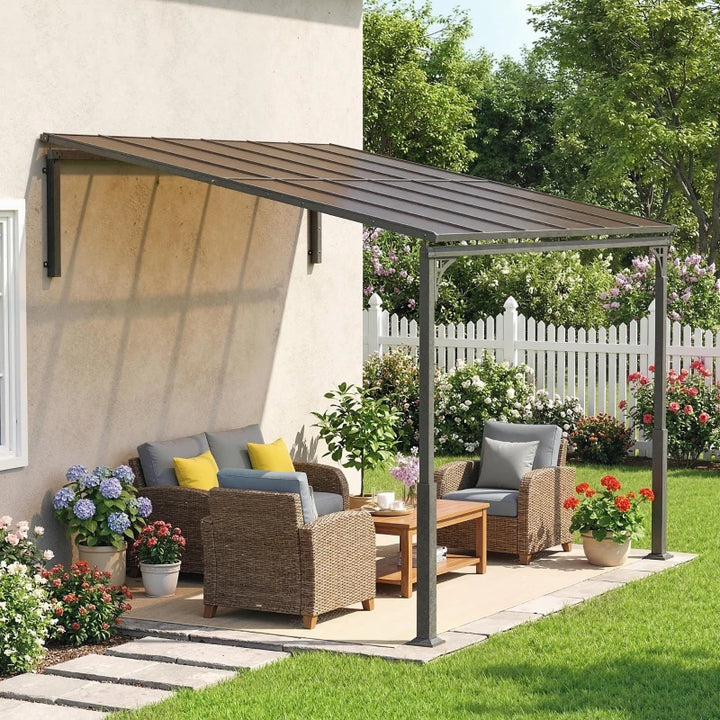 11' x 10' Outdoor Wall Mounted Pergola Hardtop Gazebo - Durable UV Blocking Patio Shelter
