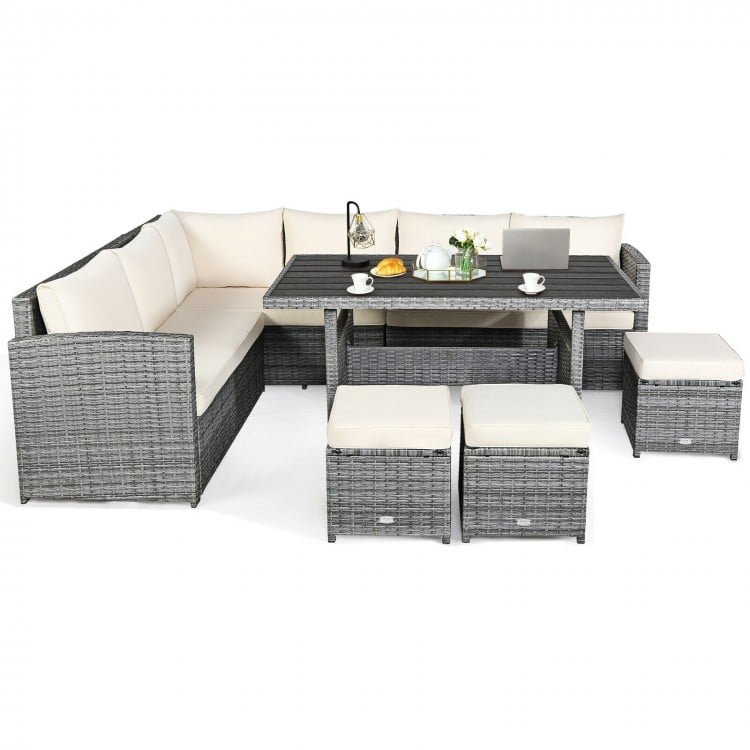 7pc L-Shape Rattan Wicker Dining Set Outdoor Patio Sectional w Table Cushions Ottomans, Off-White