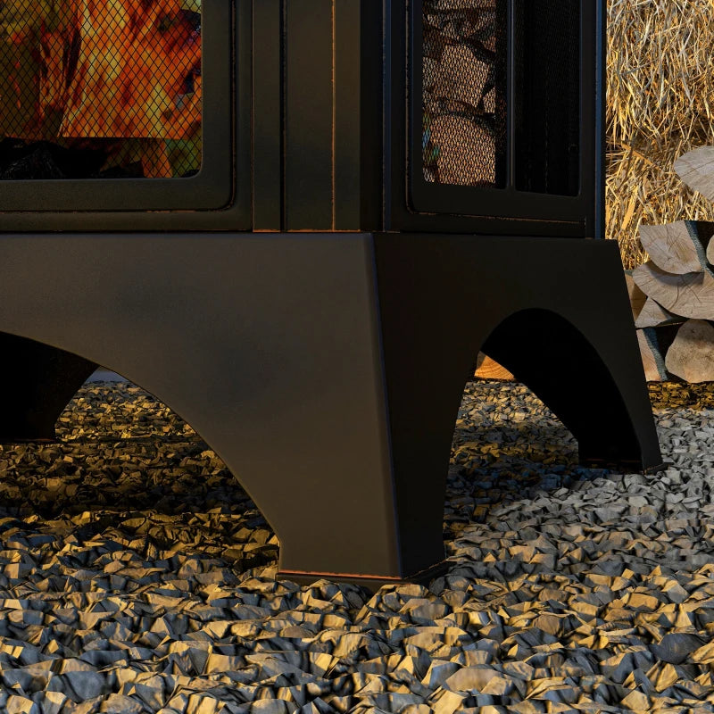 28” Square Wood Burning Fire Pit w/ Chimney Spark Guard, Cover, Ash Tray, Poker - Black