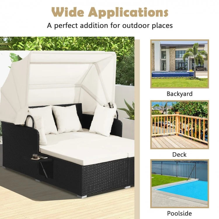 2-Person Rattan Wicker Canopy Daybed Lounge Chaise for Outdoor Patio, Cushions, Black, Cream White