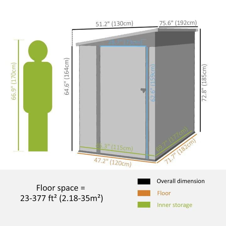 4' x 6' Galvanized Steel Lean-To Storage Tool Shed w Lockable Door, Outdoor Garden, Dark Grey