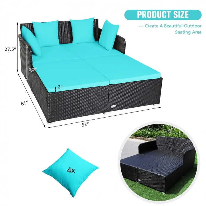 Double Rattan Wicker Daybed Sun Lounger Sofa Chaise w Cushions for Outdoor Patio, Turquoise, Black