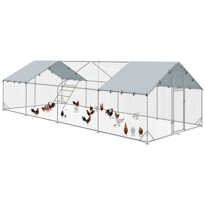 26.2' x 9.8' x 6.4' Large Galv Steel Outdoor Chicken Run Coop w Feed Door, Cage Shelter Fence Yard
