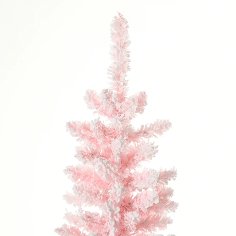 6ft 360-Tip Pre-lit Snow Flocked Artificial Pencil Christmas Holiday Tree, 200 LED Lights, Pink