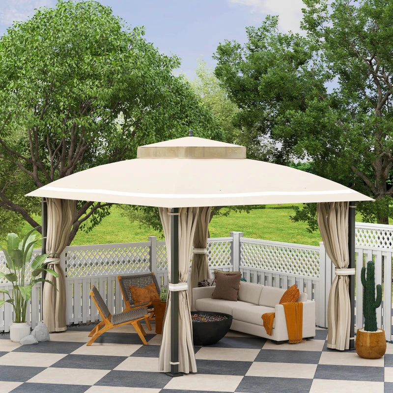 10x12 Outdoor Gazebo Double Roof Patio Canopy with Netting and Curtains - Durable Metal Garden Shelter