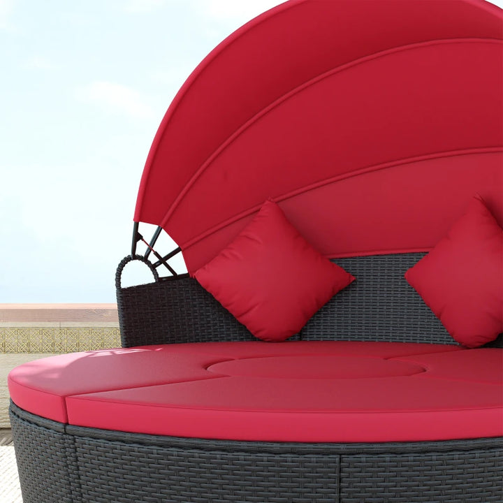 4pc PE Rattan Wicker Round Canopy Daybed Lounge Patio Sectional Sofa Set w Cushions, Black, Red