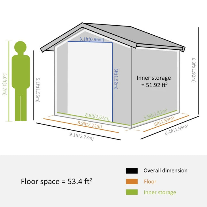 9’ x 6’ x 6’ Outdoor Metal Storage Shed Organizer w/ Foundation for Patio Backyard - Dark Grey