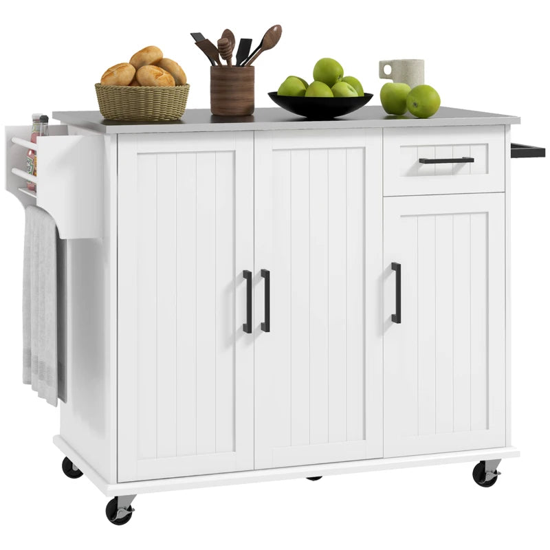 Modern Rolling Kitchen Island Extra Storage Cart Cabinet Sideboard, Stainless Steel Top, White