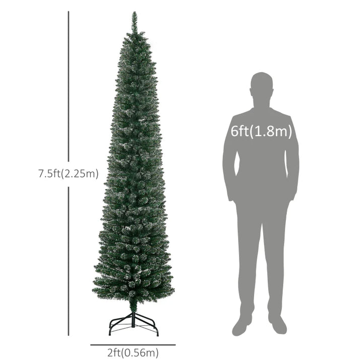 NEW 7.5ft 692-Tip Ultra Slim Pencil Artificial Christmas Holiday Fake Xmas Tree, Green w Snowy Tips