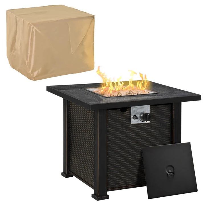 30" Square 50,000 BTU Propane Gas Fire Pit Table Heater w Cover for Outdoor Patio, Black-Brown