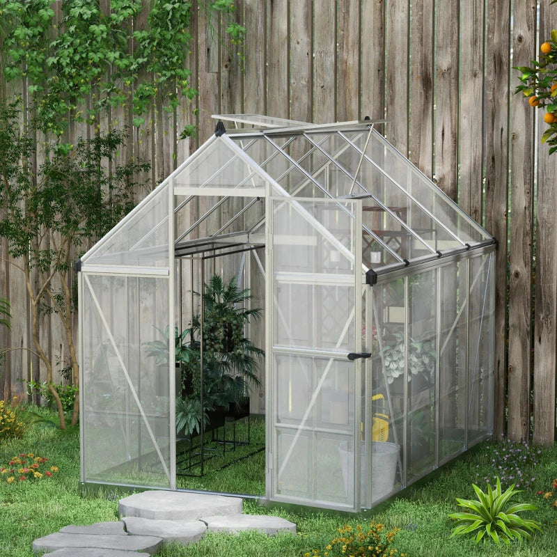 6' x 8' Walk-In Hard-Sided Aluminum Garden Greenhouse w Clear & Double PC, 5-Level Vent, Door