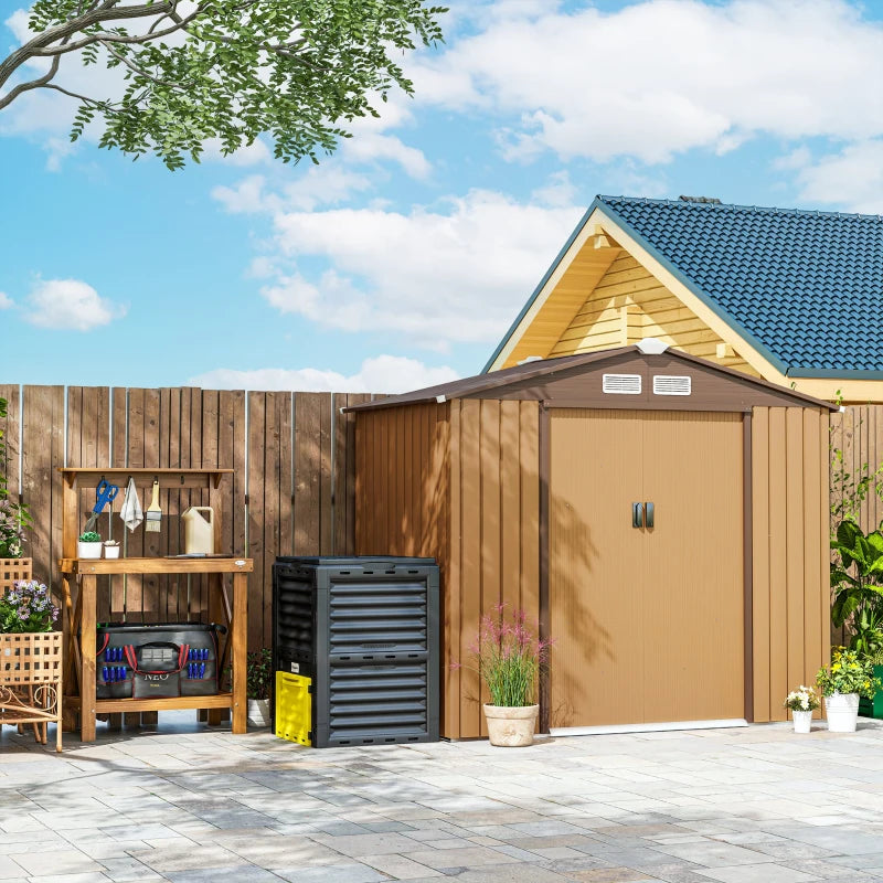 7’ x 4’ x 6’ Outdoor Metal Storage Shed Organizer w Foundation for Garden Backyard, Tan Brown