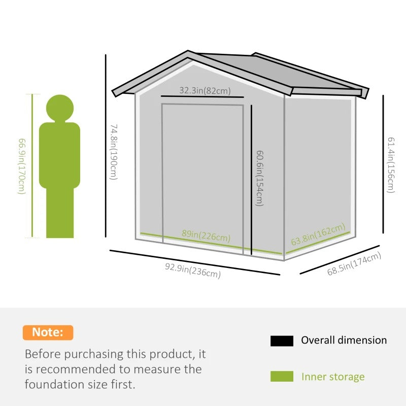 8’ x 6’ x 6’ Outdoor Metal Storage Shed Organizer w/ Foundation for Patio Backyard - Dk Green